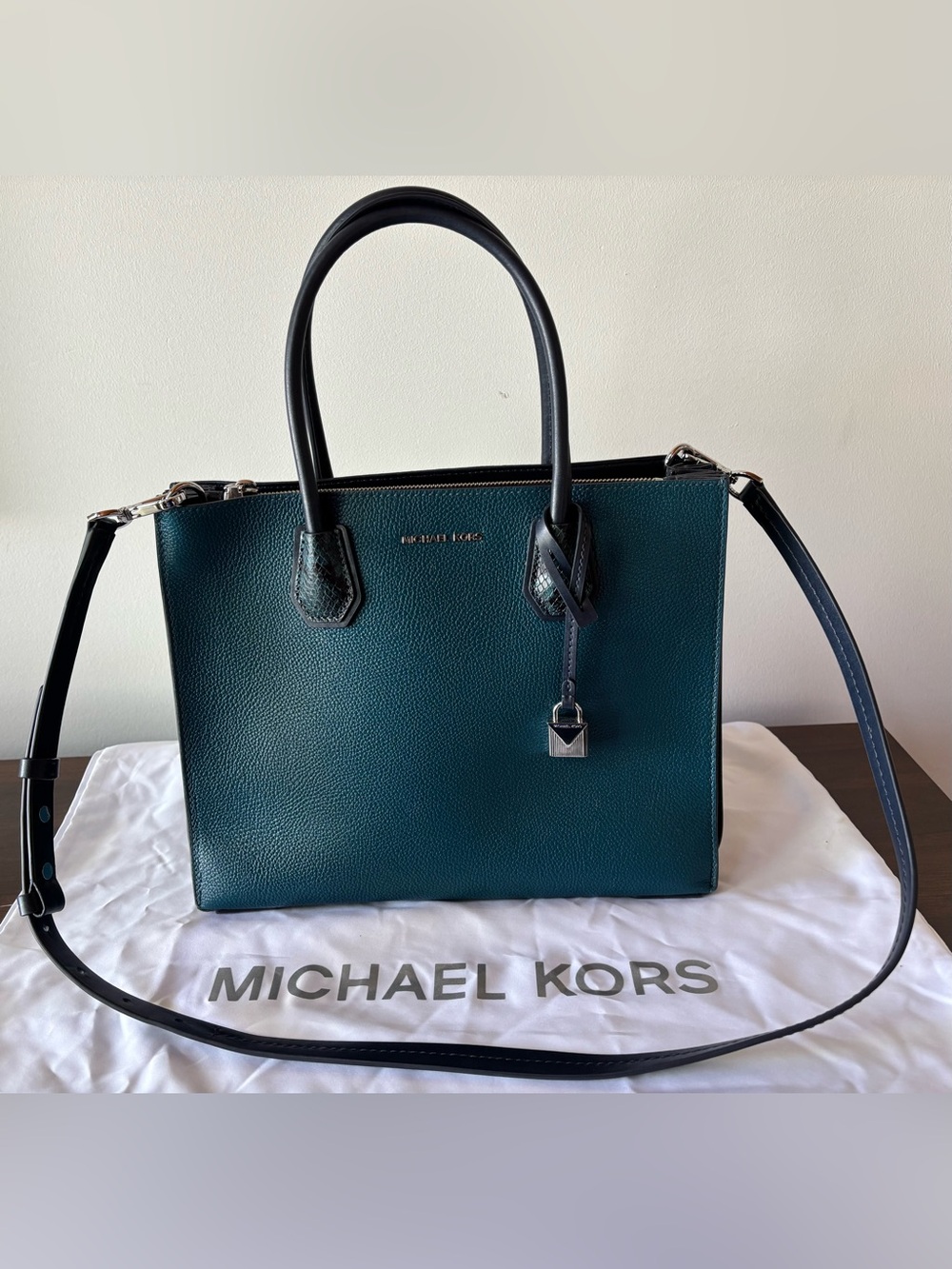 Michael Kors Dark Teal Mercer Pebbled Leather Satchel with Black Handles